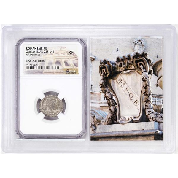Roman Empire 238-244 AD Gordian III AR Denarius Ancient Coin NGC XF Story Box