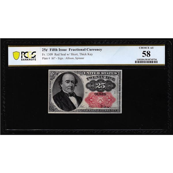 1874 Fifth Issue Twenty-Five Cents Fractional Currency Note Fr.1309 PCGS Choice AU58