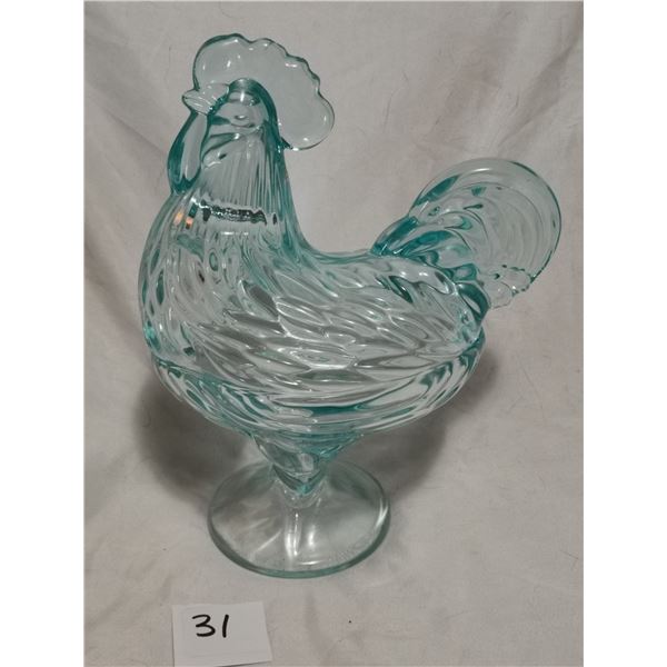 large light blue rooster glass dish 81/2inches