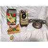Image 1 : Coin bank, tin toy telephone, pecking cocks