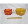 Image 1 : 2 Mid Century Modern made in Belgium Cast Iron Pots with Lids Bright Red and Yellow Enamel Coating