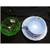 Image 2 : DELPHITE BLUE, PYREX CUP AN SAUCER, AND GREEN SHERBERT DISH