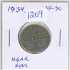 Image 1 : 1934 Near Rim Canadian Nickel 5 Cents. S is Near the Rim. VF-30.