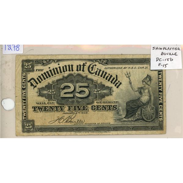 Canadian 1900 25 Cents Shinplaster. Boville signature. DC-15b. F-15.