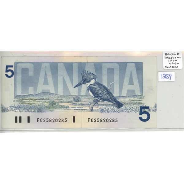 1986 $5 RADAR note. Thiessen-Crow signatures.  FOS Prefix. RADAR Serial Number 5820285. BC-56b. VF-2