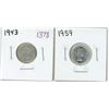 Image 1 : 2x 1943 & 1959 Canadian silver 10 cent coins