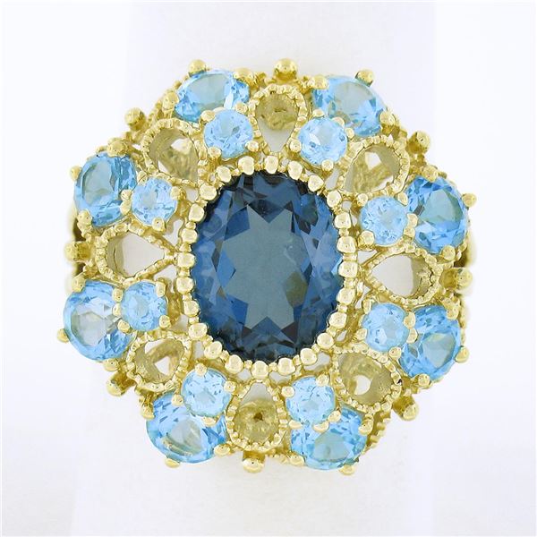 10k Yellow Gold Large Oval Round Blue Stone Open Work Domed Tiered Cluster Ring