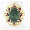 Vintage 14k Gold Oval Cabochon Jade Solitaire w/ Ruby Textured Flower Halo Ring