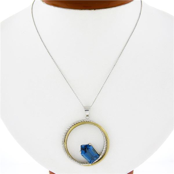 14K TT Gold Interlocking Braided & Polished Circle Blue Topaz Pendant w/ Chain