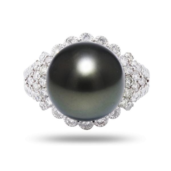 13mm Tahitian Pearl and 1.01 ctw Diamond 18K White Gold Ring