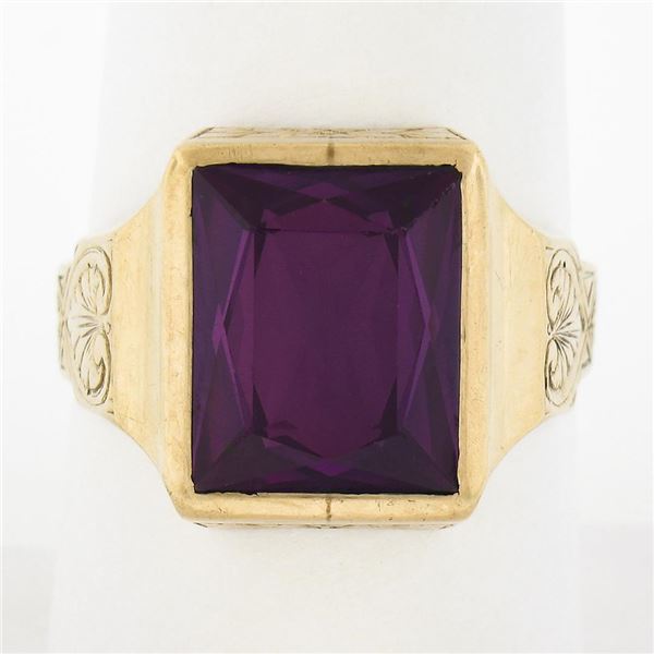 Antique 10k Gold Rectangular Bezel Set Purple Stone Solitaire Hand Engraved Ring