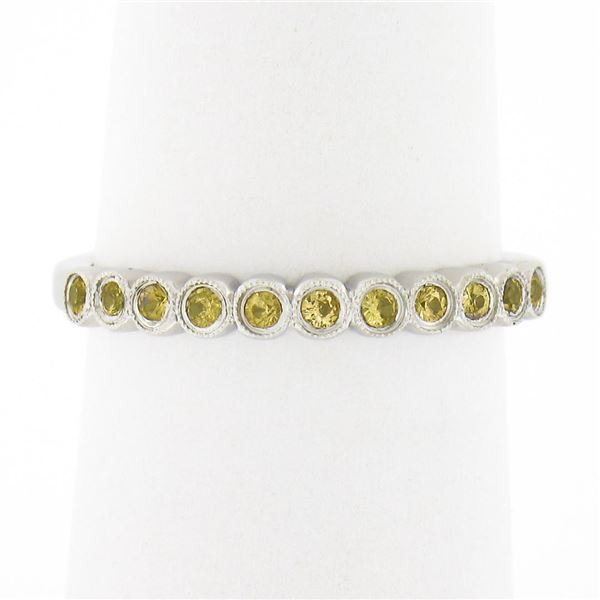 18k White Gold 0.30 ctw Round Yellow Sapphire Milgrain Bezel Stackable Band Ring