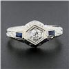 Image 2 : Unisex Antique Art Deco 18K Gold European Diamond Sapphire Hand Engraved Ring