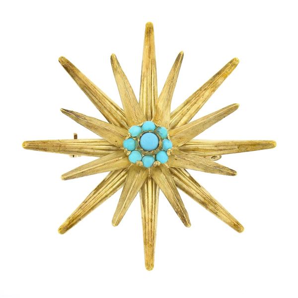 Antique Victorian 18k Gold Handmade Double Star Burst w/ Turquoise Pin Brooch