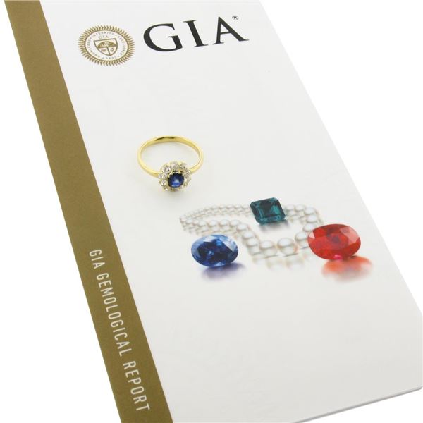 Vintage 14k Yellow Gold GIA NO HEAT Cushion Sapphire w/ Diamond Flower Halo Ring