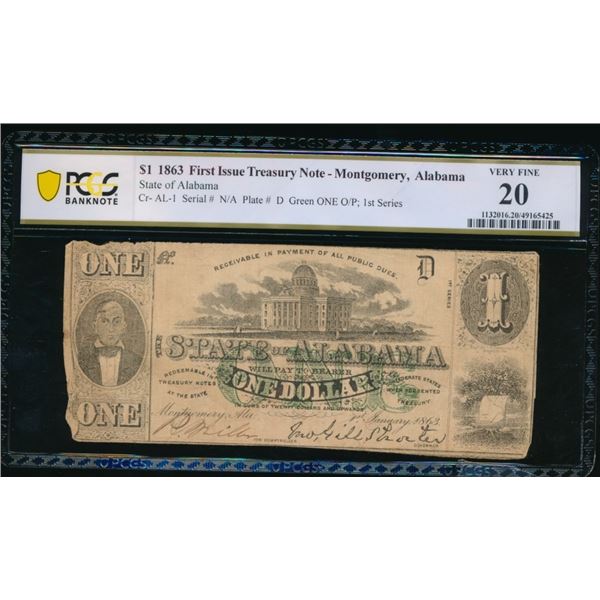 1863 $1 First Issue Montgomery AL Obsolete PCGS 20