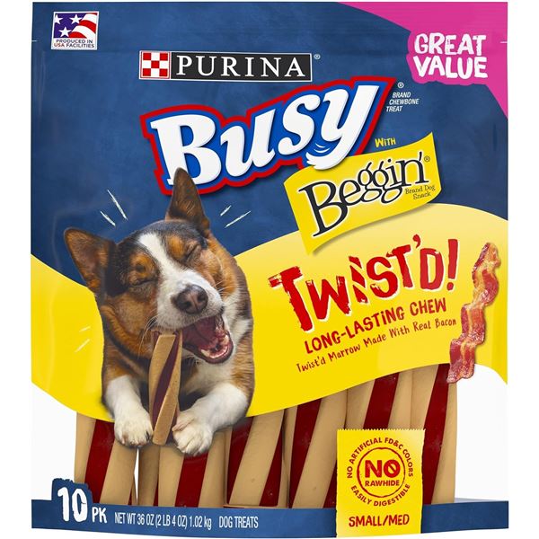 2LBS BAG OF PURINA BUSY BEGGIN TWIST'D CHEW BACON
