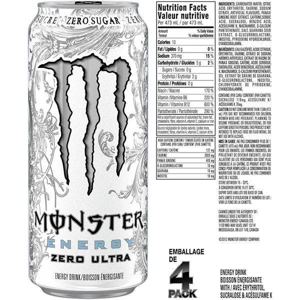 NEW 4 X 473 ML MONSTER ENERGY ZERO ULTRA