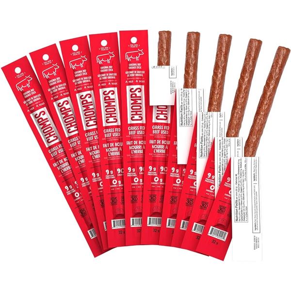 NEW 10 X 32G CHOMPS BEEF SAUSAGE STICKS