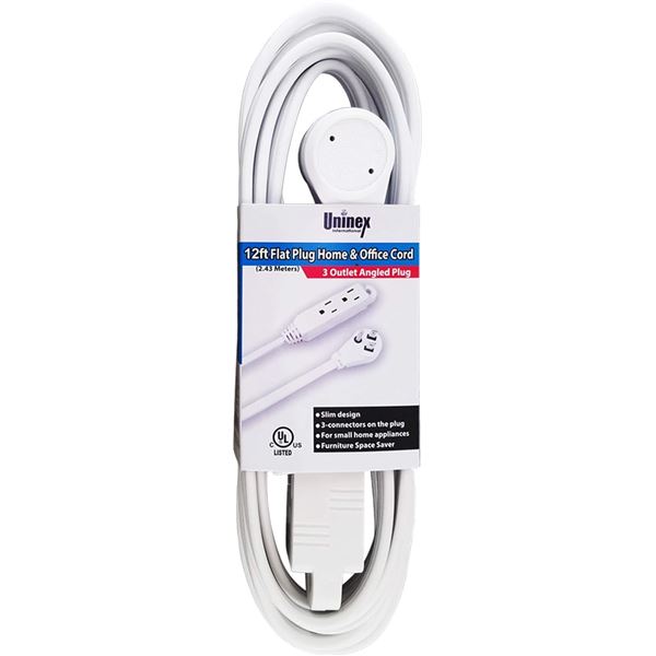 BRAND NEW UNINEX 12 FT FLAT PLUG CORD - 3 OUTLET