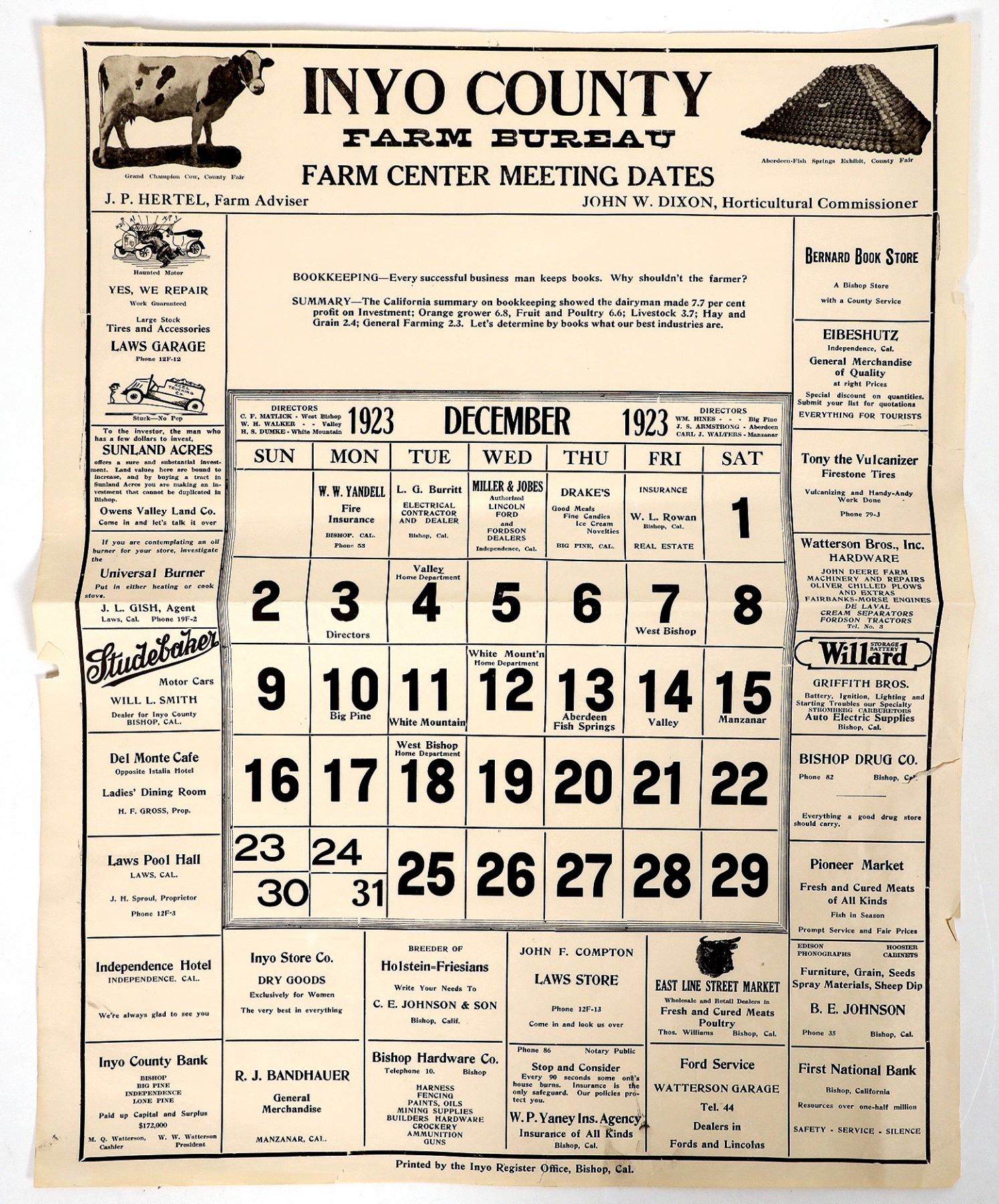 Inyo County Advertising Calendar Blotter 1923 188395 Inyo County Advertising Calendar Blotter 1923 188395