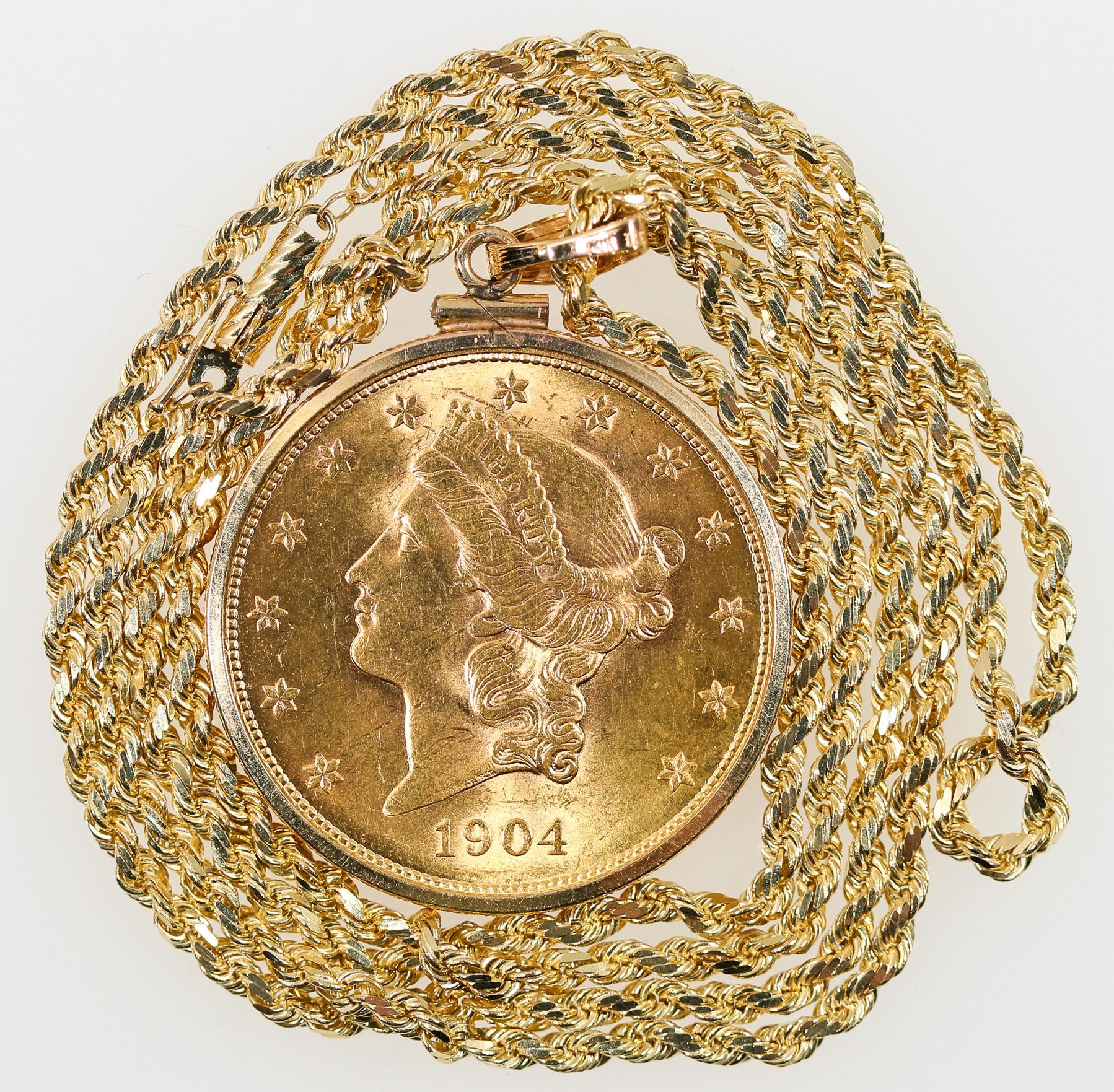 U S Liberty Head 20 Gold Piece Necklace 1904 S 189666 u-s-liberty-head-20-gold-piece-necklace-1904-s-189666