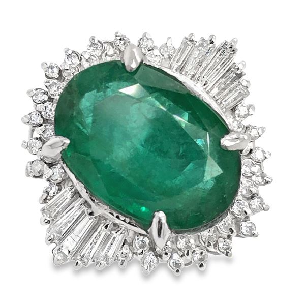 Oval Shaped Emerald & Diamond Platinum Ring