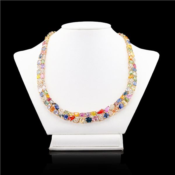 81.38 ctw Multicolor Sapphire and 3.63 ctw Diamond 14K Yellow Gold Necklace