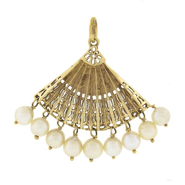 Vintage 14k Yellow Gold Detailed Open Work Fan w/ 5mm Pearl Dangle Charm Pendant