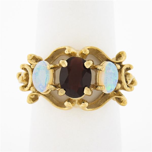 Vintage 10k Gold Oval Brilliant Cut Garnet & Cabochon Opal Accent Open Work Ring