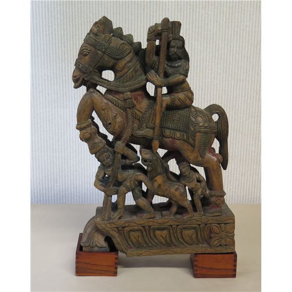 Carved Wooden Horse w/ Rider & Maker's Mark 12  x 3  x 19 H