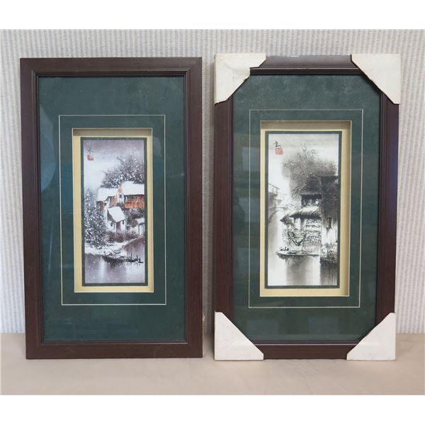 Qty 2 Framed Art w/ Maker's Mark, Matted 11" x 20" (each)