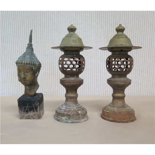 Qty 2 Vintage Brass Incense Burners/Lanterns 10"H & Metal Bust on Base