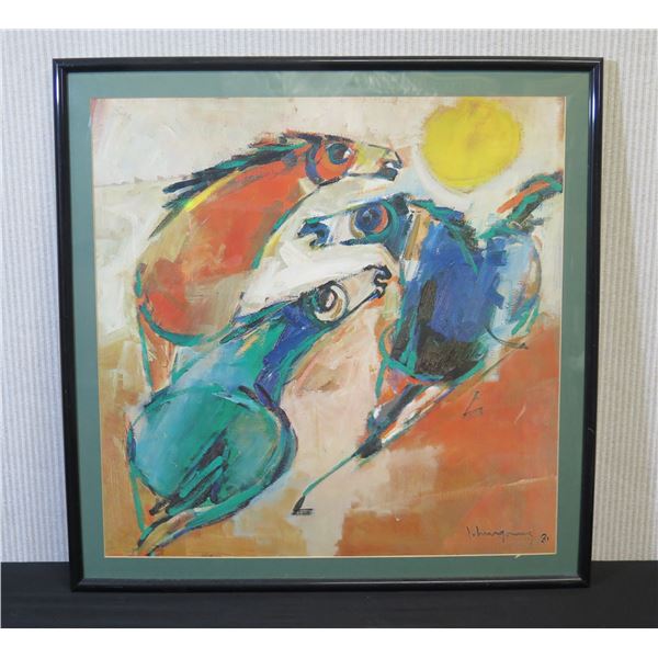 Abstract Horse Poster by Artist John Young '81 w/ Hawaii Opera Theater Tag, Framed 25" x 25"