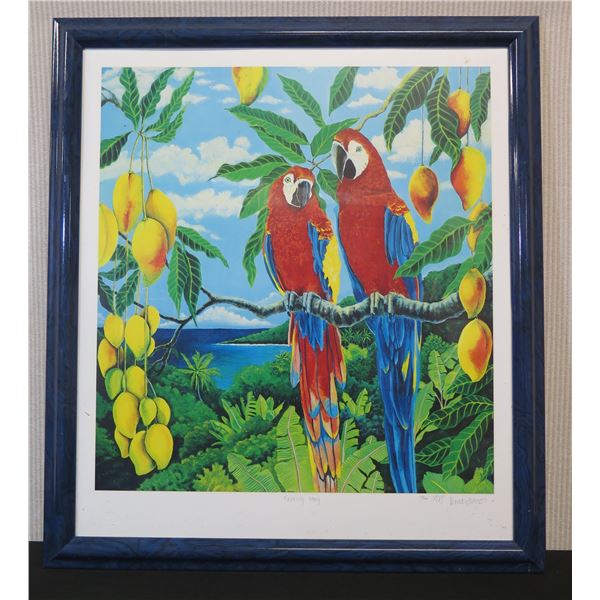 Talking Story Parrot Print 306/500 by Ari Vanderschoot, Framed & Matted 30" x 34"