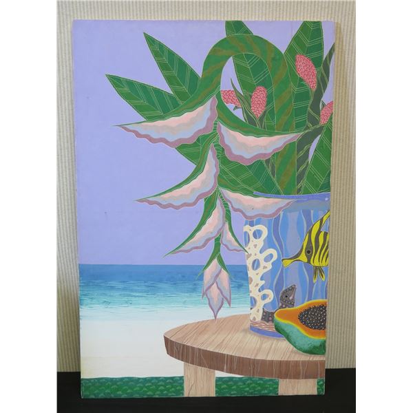 Painting on Canvas, Heliconia With Papaya, Marked "Mes 02 1169" Unframed 24" x 36"