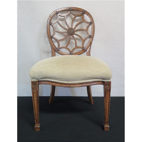 Wooden Chair w/ Upholstered Seat & Rounded Filigree Backrest 16" x 21" x 37"H