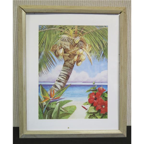 Palm w/ Hibiscus Art Print by Penny Gupton, Framed & Matted 18" x 22" (frame damaged)