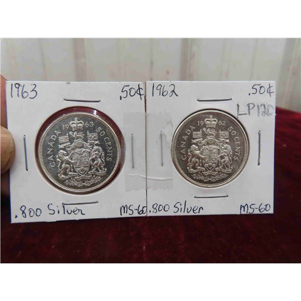 Canada 1963, 1962 Half Dollars MS60 .800 Silver 
