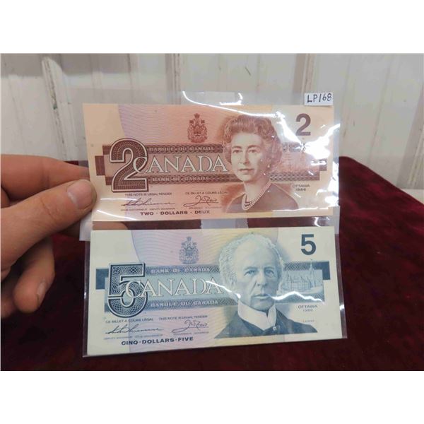 Canada 2.00 & 5.00 Bank Notes 1986 Year Mint Condition 