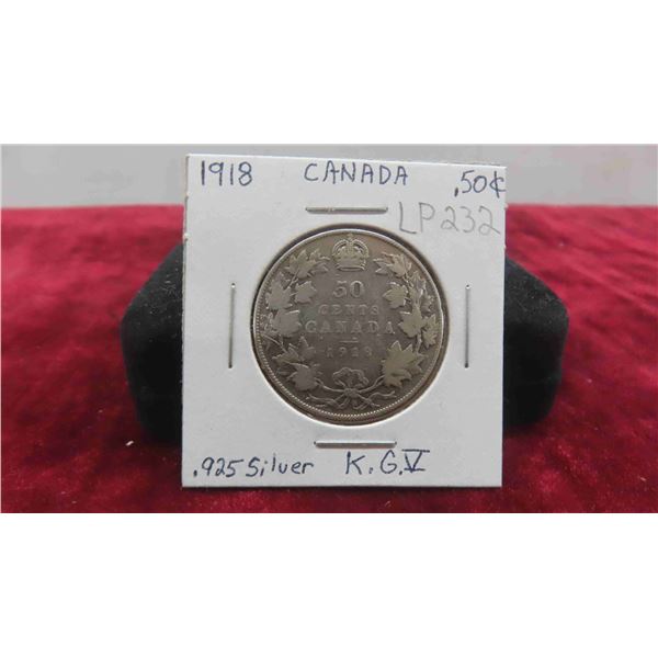 Canada 1918 Half Dollar King George V .925 Silver 