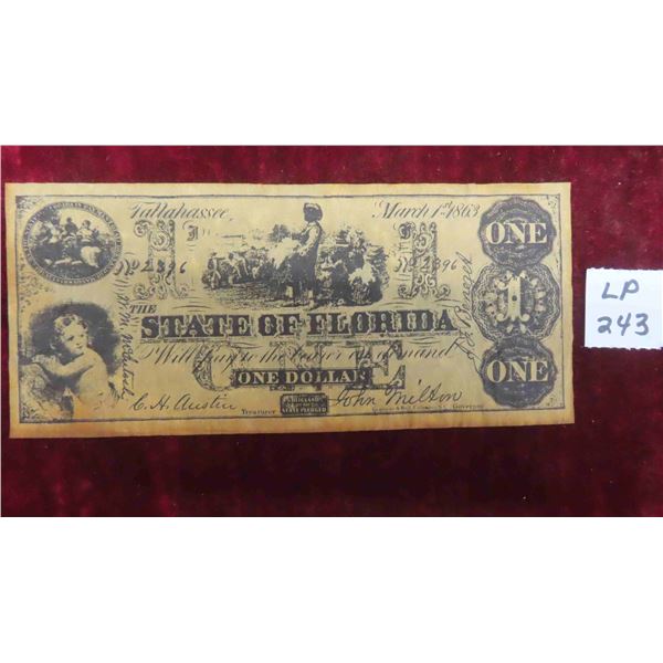 USA State of Florida March 1863 One Dollar Confederate Note Civil 