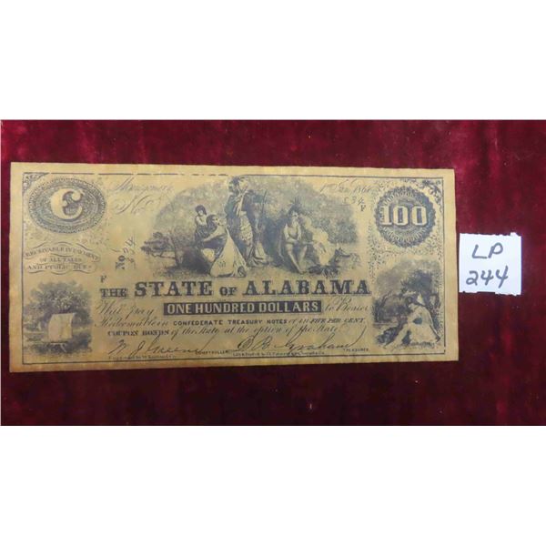 USA State of Alabama Jan 1864 Hundred Dollar Confederate Note 