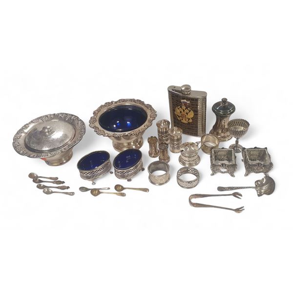 Group of various silverware/EP copper including - Russian Flask, pepper shaker, candle holder, napki