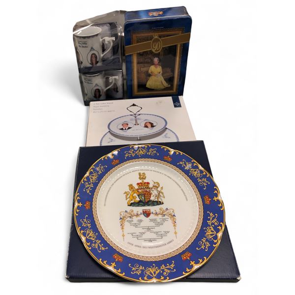Group of Misc Including Wedding Cake Stand, Queen of England Tin Box, Prince William Marriage Plate,