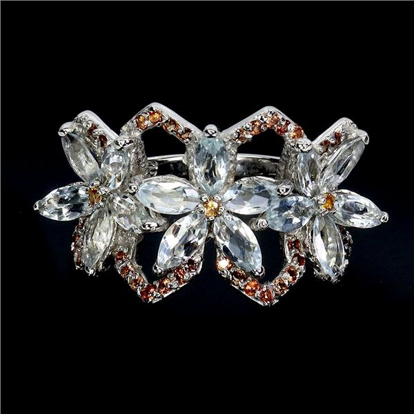 AQUAMARINE and SAPPHIRES Ring in 14 K Gold Plated 925 Sterling Silver â€“ Size 8.5