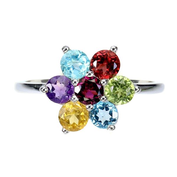 RHODOLITE GARNET, APATITE,  MOZAMBIQUE GARNET, PERIDOT and BLUE TOPAZ Ring in 14 K Gold Plated 925 S