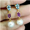 Image 2 : Elegant BLUE TOPAZ, AMETHYST and PEARL Earrings in 14 K Gold Plated 925 Sterling Silver â€[