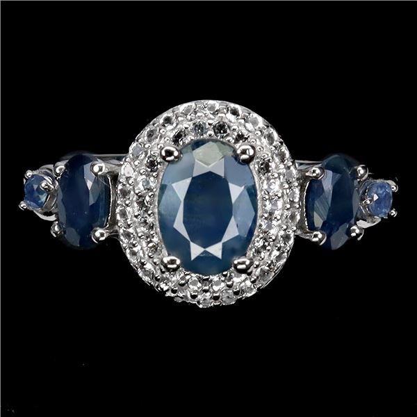 BLUE SAPPHIRE and WHITE TOPAZ Ring in 14 K Gold Plated 925 Sterling Silver â€“ Siz