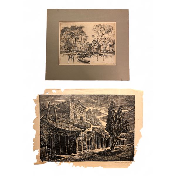 Group of 2 Etches including - Charles Surendy, Lionel Barrymore, Etching Print, Old Red Bank & Japan